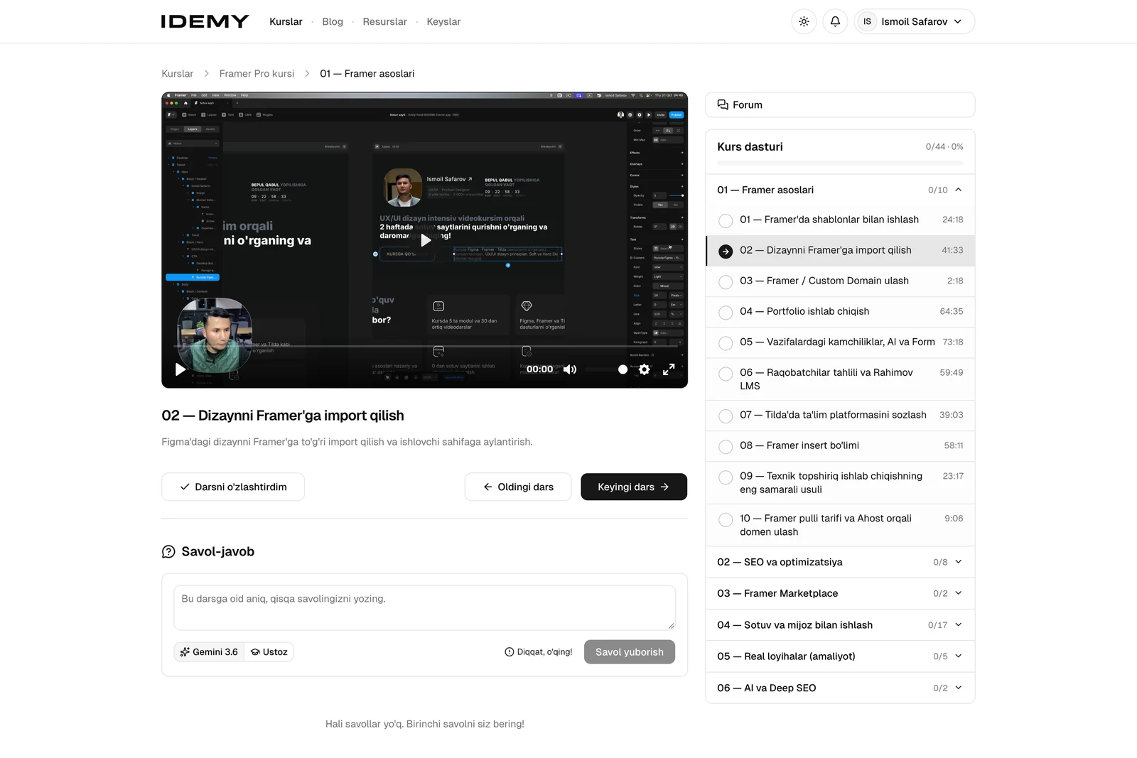 Framer Pro kursi dars sahifasi: videodars pleyeri, o‘ngda Framer modullari va darslar paneli