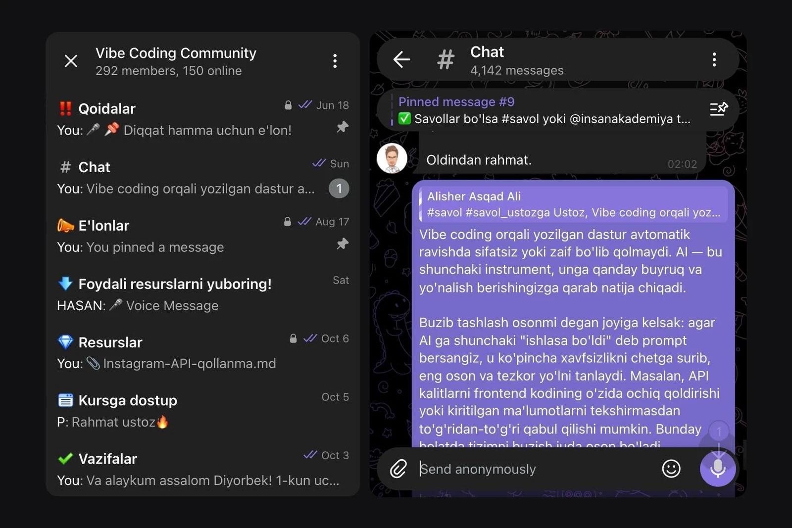 Telegram guruhi Vibe Coding Community: mavzular ro‘yxati va o‘quvchilar yozishmasi