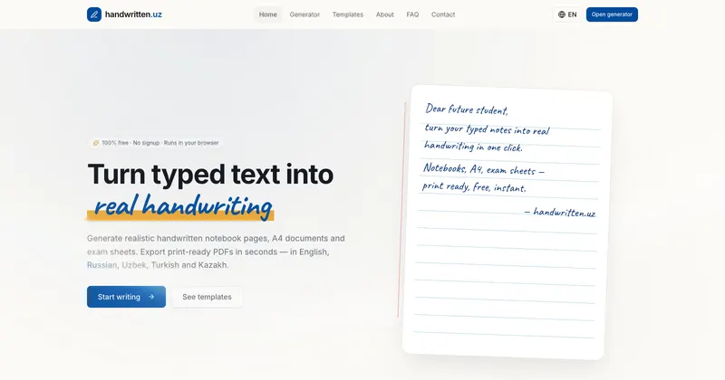 Matndan qo‘l yozuvi PDF yaratuvchi — handwritten.uz saytining ko‘rinishi