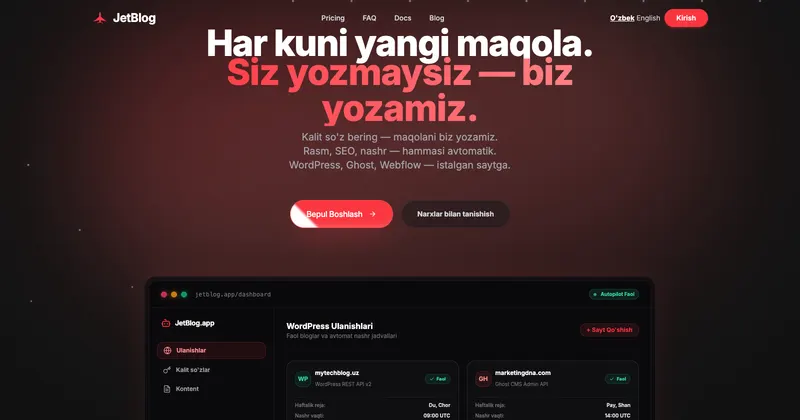 WordPress uchun AI SEO autopilot — jetblog.app saytining ko‘rinishi