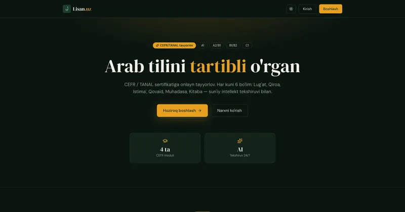 Arab tili CEFR/TANAL tayyorlov platformasi — lisan.uz saytining ko‘rinishi