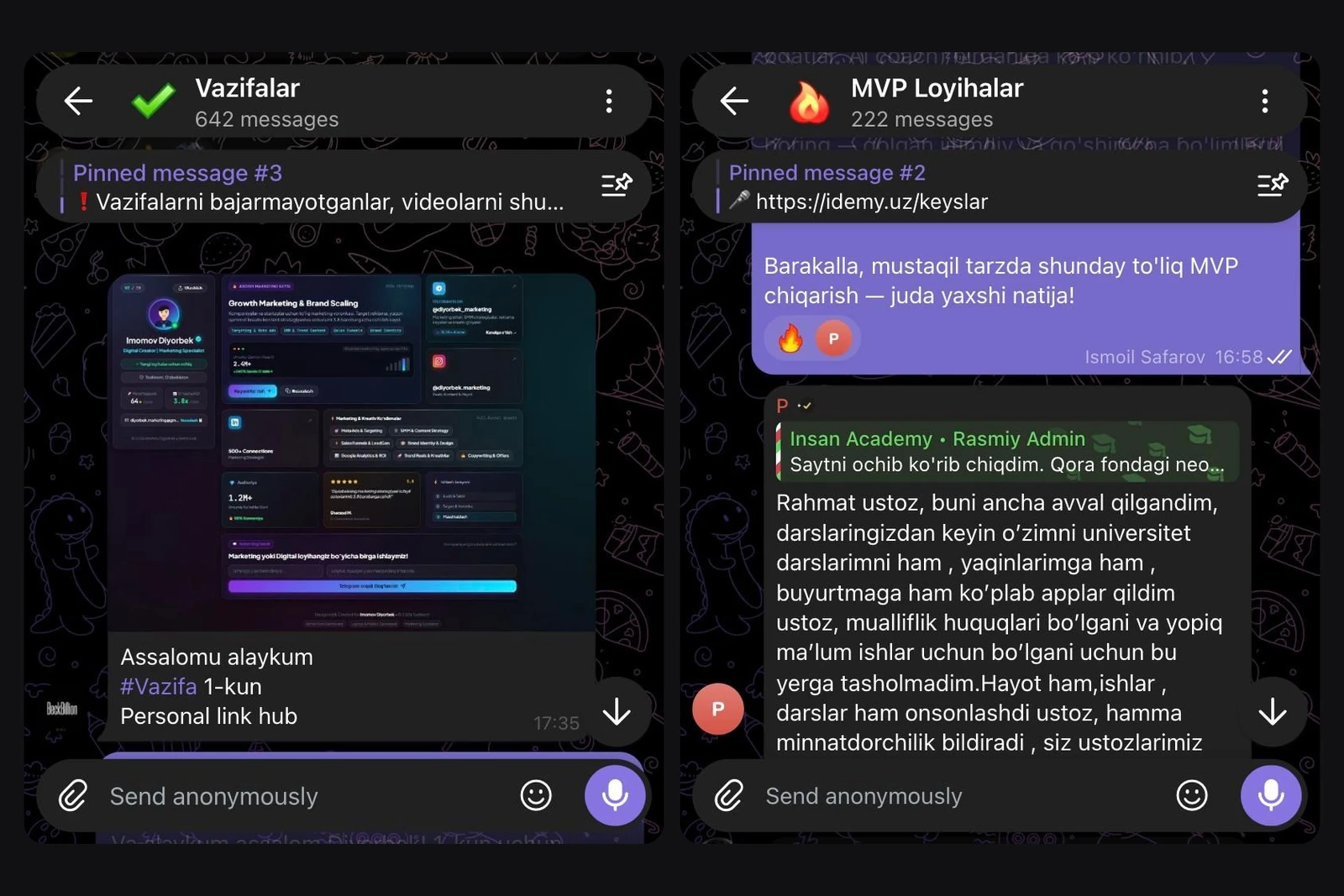 Telegram guruhidagi Vazifalar mavzusi (o‘quvchining Personal link hub vazifasi) va MVP Loyihalar mavzusi (Ustoz fikri)