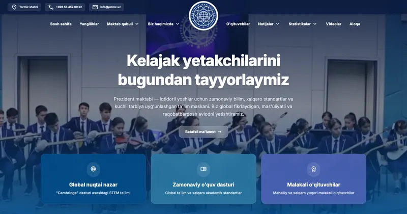 Termiz Prezident maktabi sayti — pstermez.uz saytining ko‘rinishi