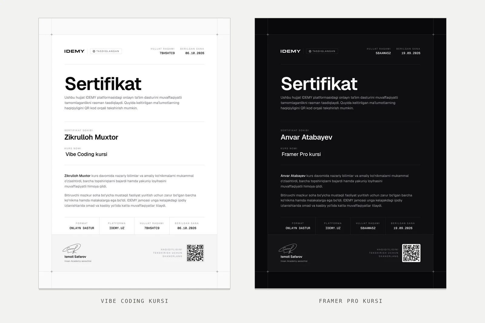Ikki IDEMY sertifikati yonma-yon: Vibe Coding (och) va Framer Pro (qora), QR kod bilan