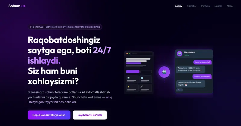 Telegram bot va AI avtomatlashtirish xizmati — soham.uz saytining ko‘rinishi