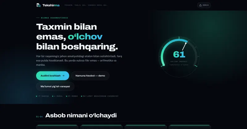 Biznes diagnostikasi platformasi — tekshirma.uz saytining ko‘rinishi